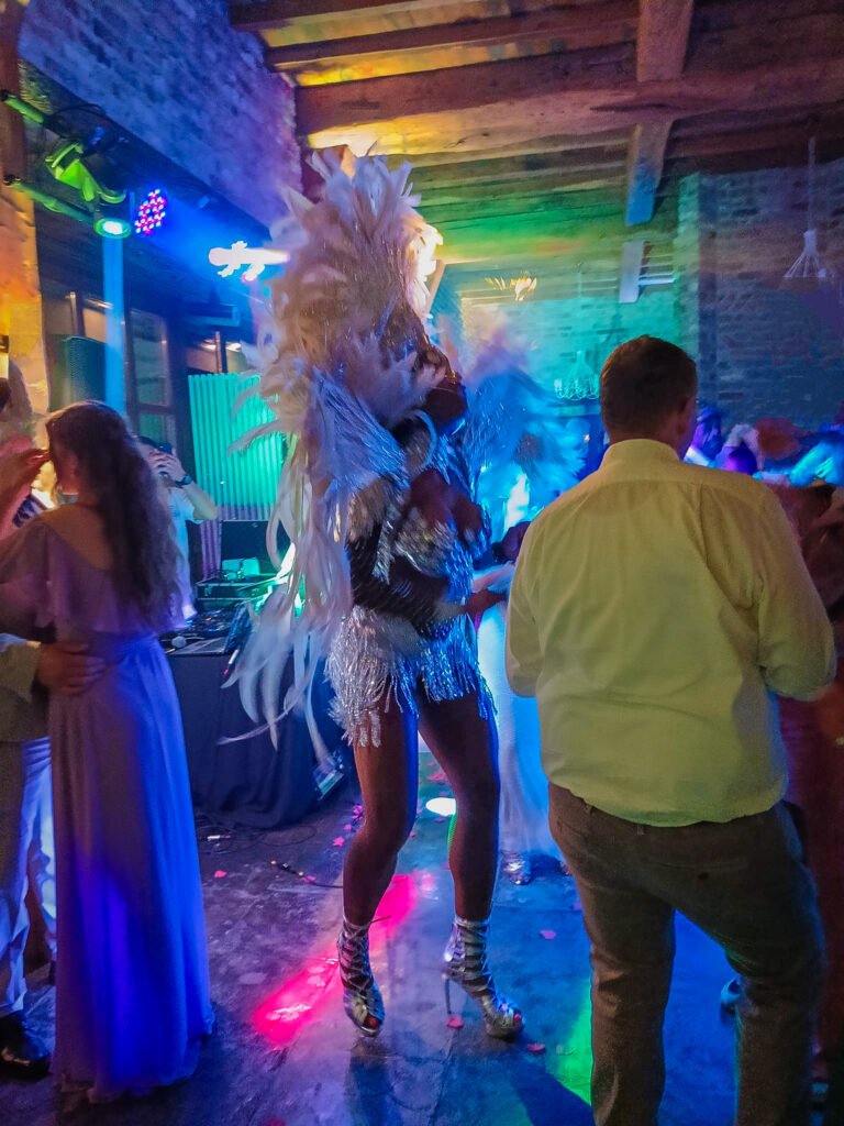 Dansende gasten op feest met blauwe en roze discosfeerverlichting en rookmachine in Feestlocatie Alegria